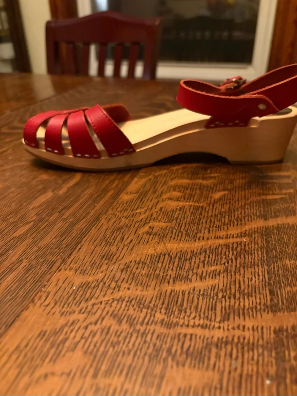 Swedish Hasbeens Red Leather Strappy Wood Platform Sandals